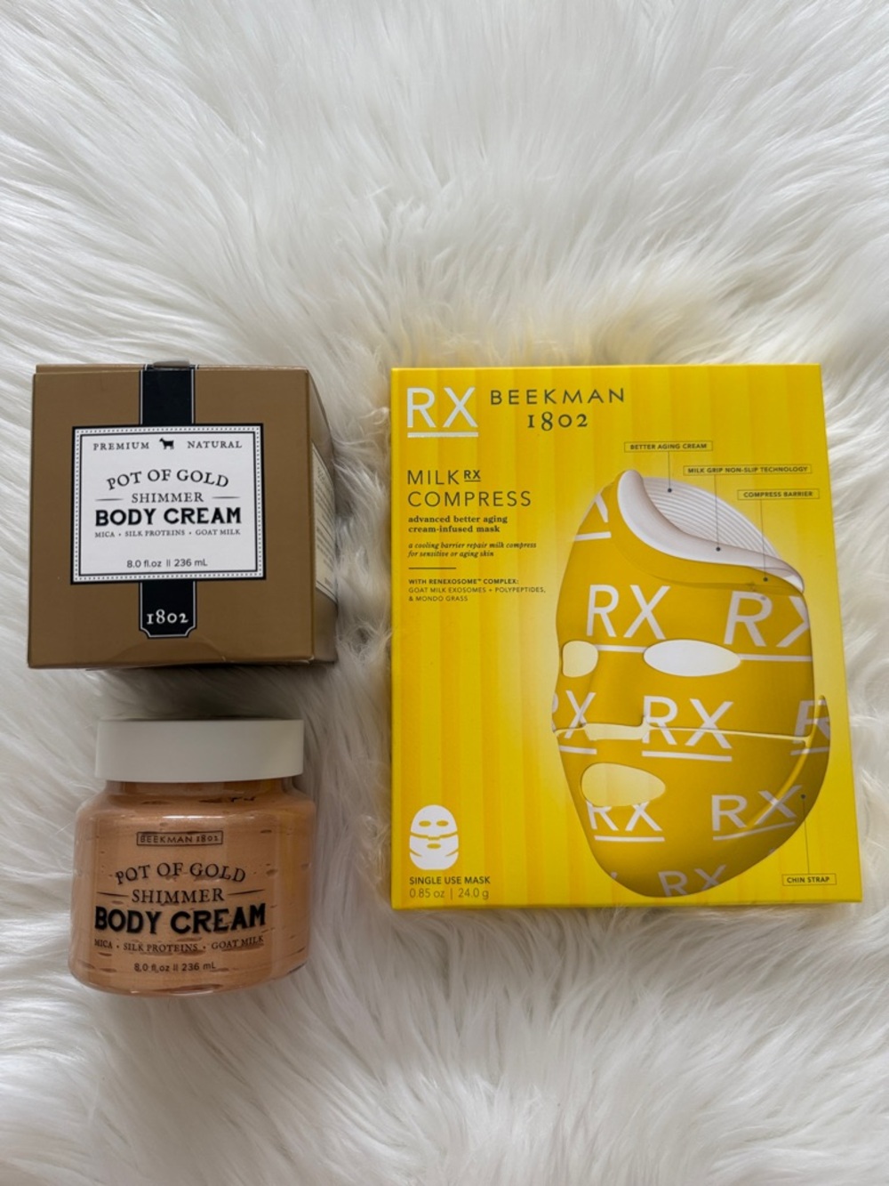 Beekman 1802 Duo- Pot of Gold Shimmer Body Cream & RX MilkRx Compress Face Mask